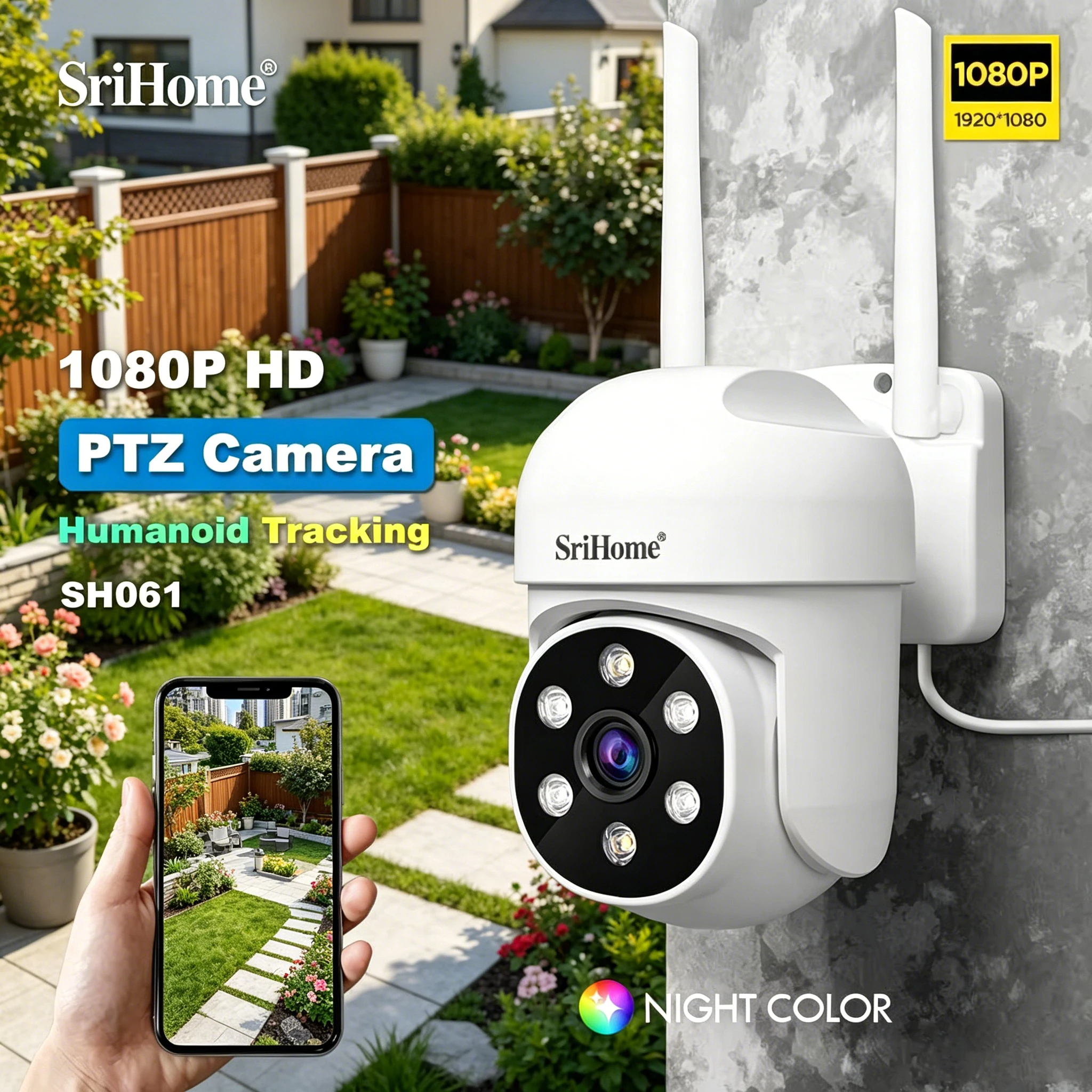 Caméra de surveillance sans fil Srihome PTZ AI 1080P, caméra de sécurité domestique, vision nocturne, détection humaine, vidéosurveillance CCTV SH061
