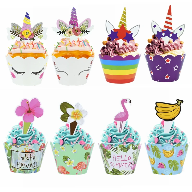 

24pcs Tropic Flamingo Pineapple Cupcake Wrappers Birthday Unicorn Cake Toppers for Summer Hawaiian Beach Party Wedding Supplies