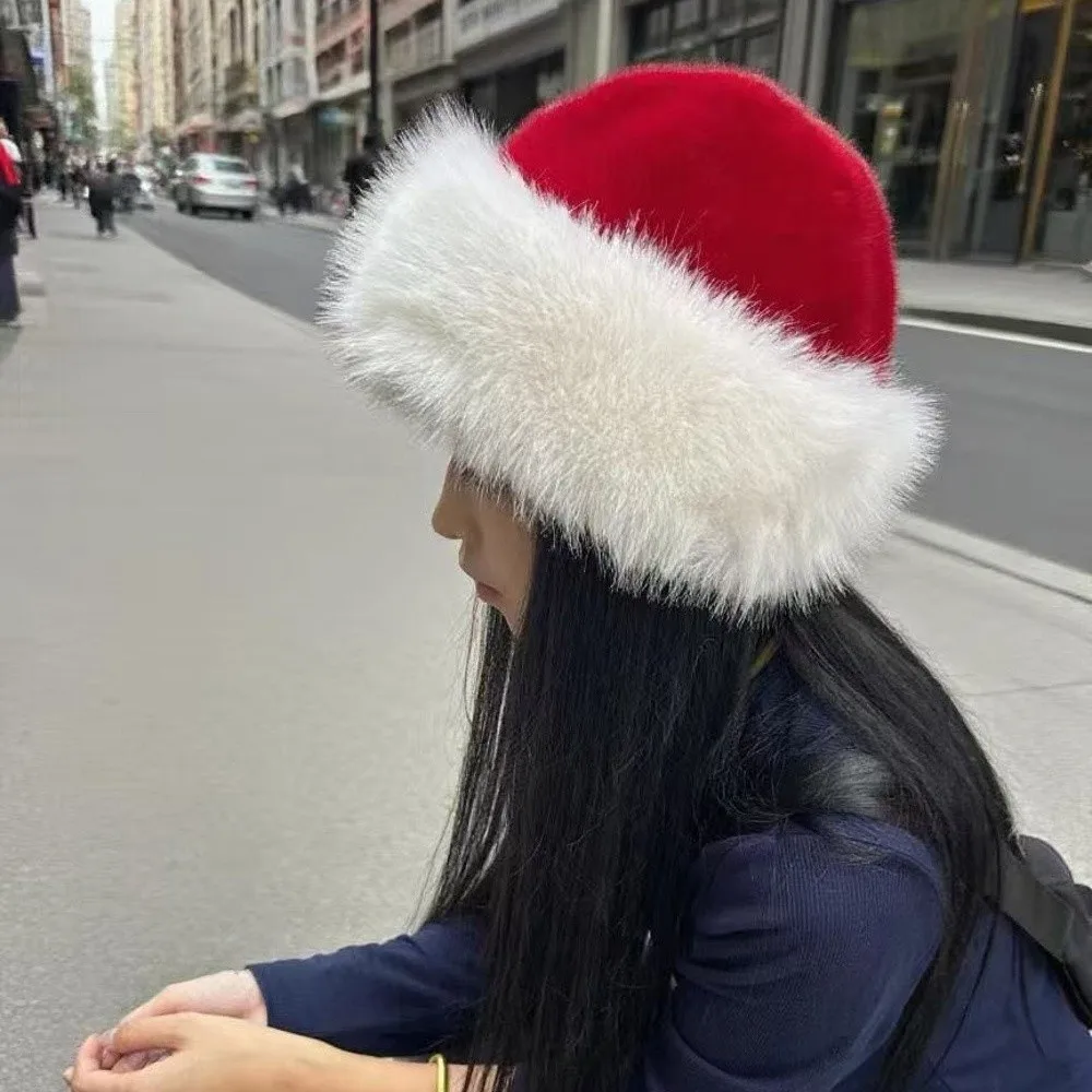 New Fluffy Fur Winter Hat Red Thicken Bucket Hat Cold Windpr