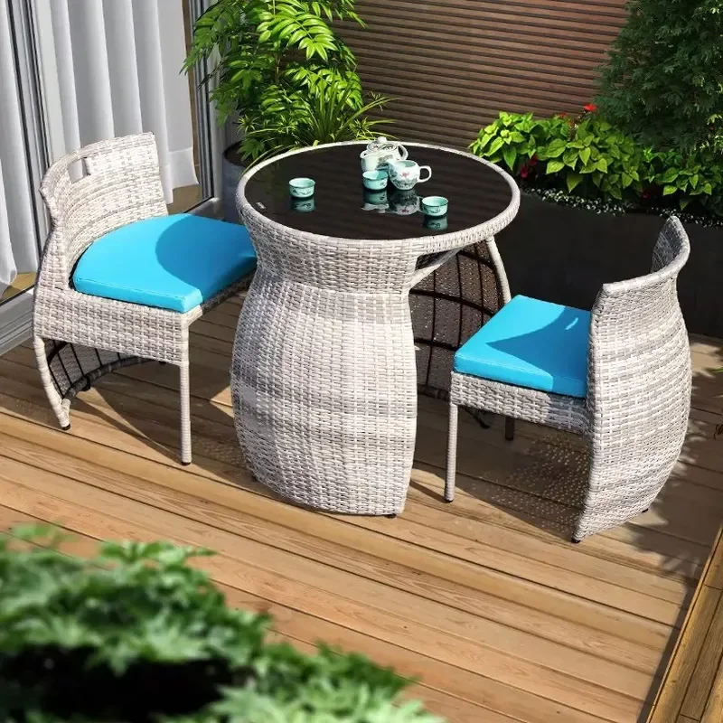for Retractable Balcony Small Tables and Chairs Woven Rattan Casual Coffee Table Pineapple Three Piece Set Outdoor Courtyard