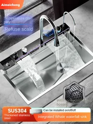 Silver Nano 304 Stainless Steel Digital Display Waterfall Sink Multifunctional Vegetable Washing Pool Integrated faucet