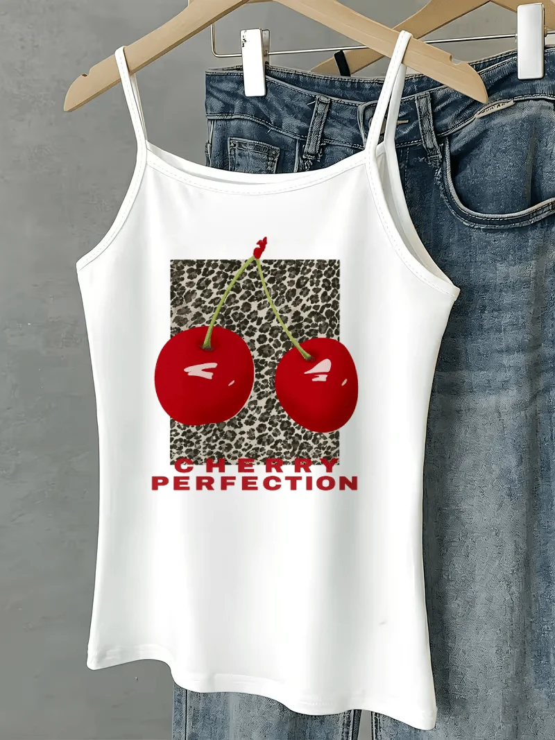 Women Cherry Perfection Leopard Square Print Strap Camisole Y2K Slim Sleeveless Tank Top Summer Retro Fruit Casual Vest