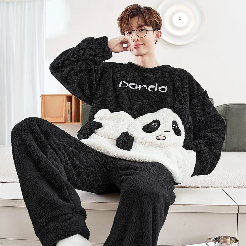 Men Pajamas Set Adult Sleepwear Winter Thicken  Pyjamas Homewear Cartoon Panda Korean Loose Soft Warm Pijamas Leisure Loungewear