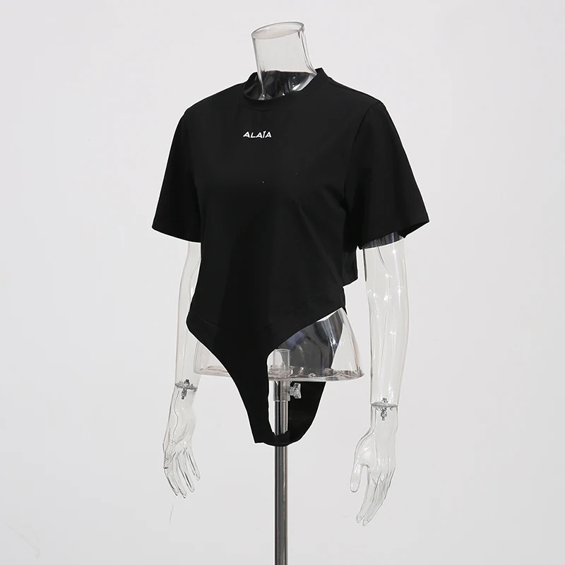 TWOTWINSTYLE Solid American Sexy Slimming Tees for Women O Neck Short Sleeve Patchwork Letter Irrgular T Shirts Female New