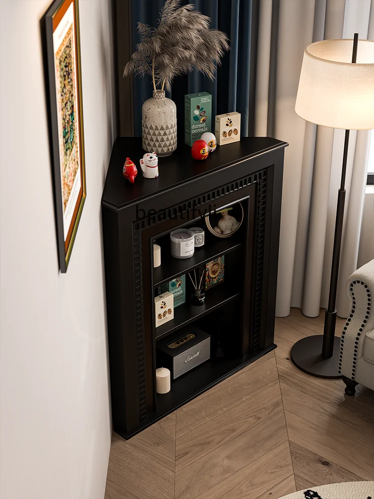 French Cream Style White Corner Fireplace Corner Curio Cabinet Black Corner Entrance Cabinet Living Room