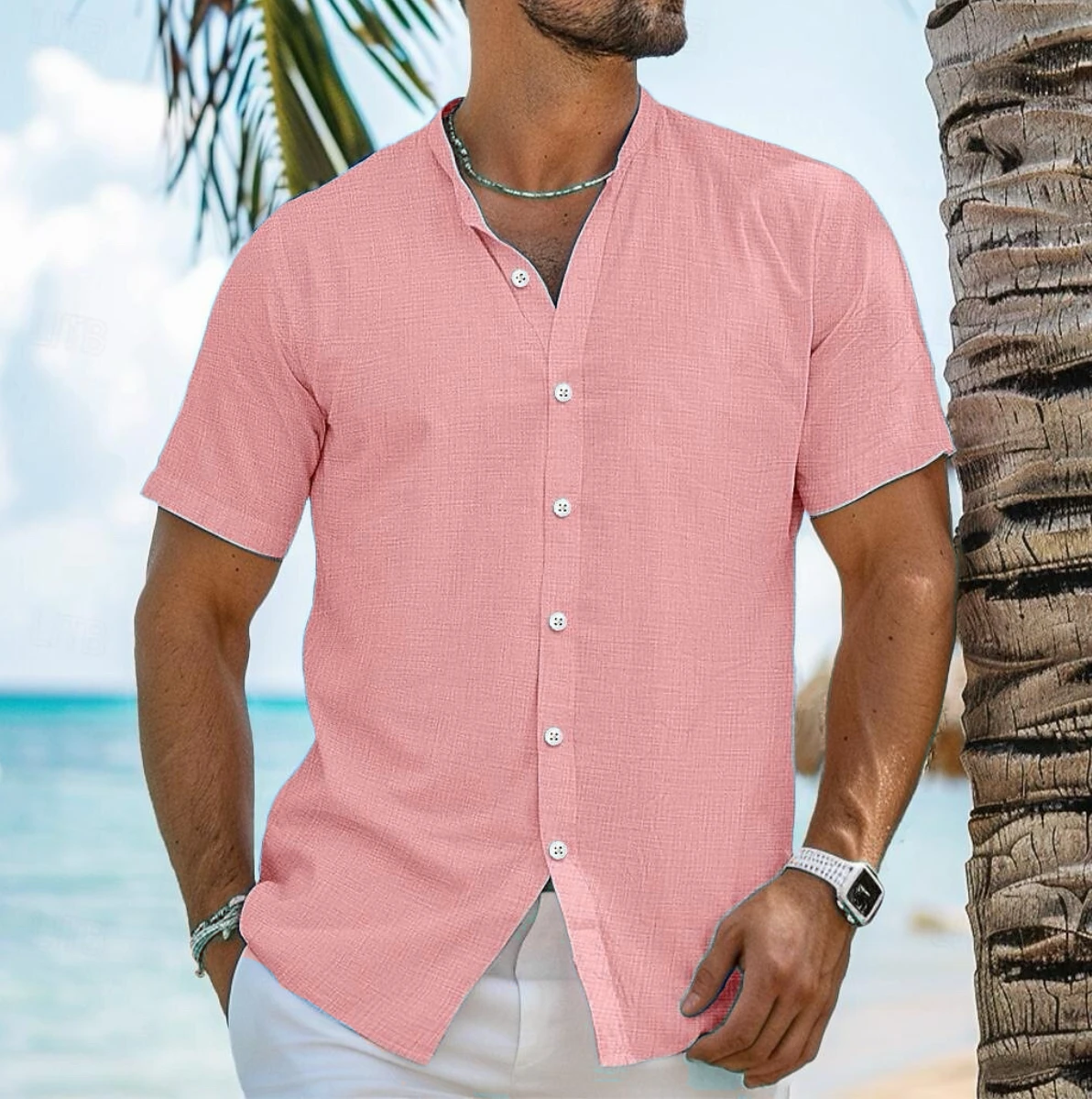 Camisa de lino con cuello levantado para hombre, ropa de playa, color sólido, camisa de manga corta para vacaciones, ropa de verano, entrega rápida