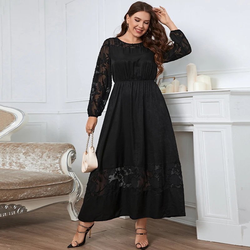 Della Mel Plus Size Vrouwen Kleding Zwarte O Hals Lace Lange Mouwen Maxi Dress Dames Elegant Casual Grote Size Jurken 3XL 4XL