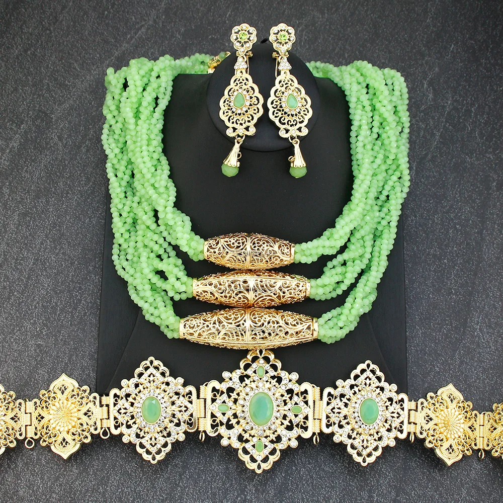 Sunspicems Green Crystal Morocco Bride Wedding Jewelry Set Women Beaded Necklace Long Earring Caftan Belt Waist Chain Gold Color