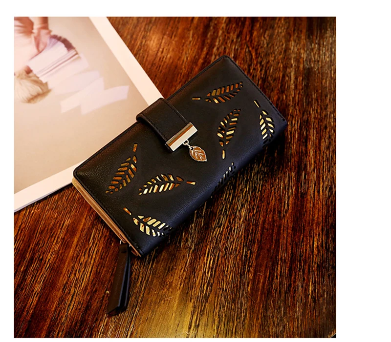 Damen-Geldbörse aus PU-Leder, lange Geldbörse mit goldenem Hohlblattmuster, Clutch-Geldbörse, multifunktionaler Kartenhalter, Münzfach für Damen – Detail 10