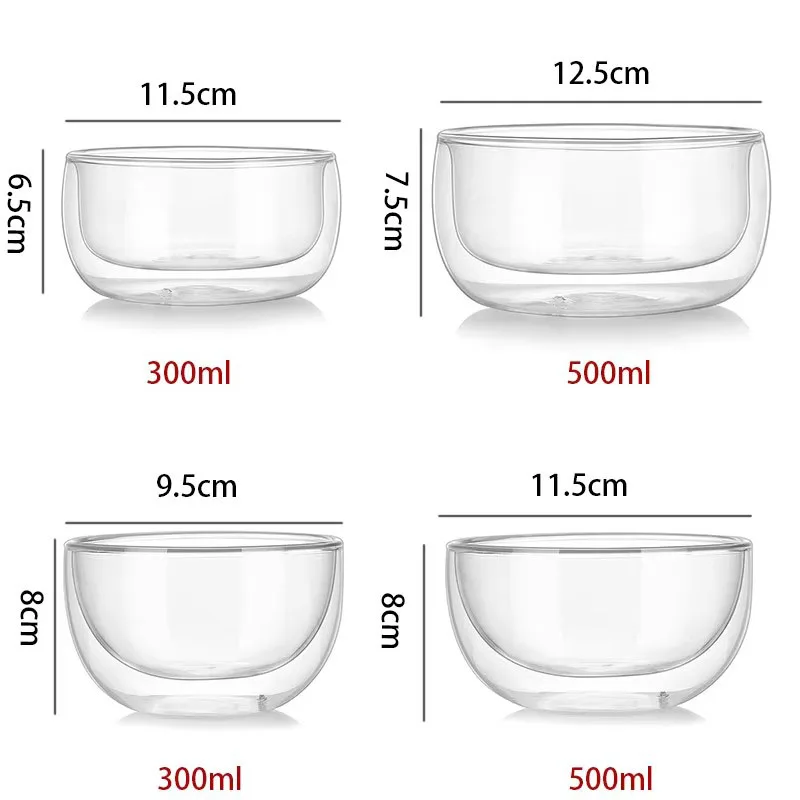 YWDL Double Wall Glass Bowls 300ml/500ml High Borosilicate Dessert Bowl Serving Bowls for Salad Yogurt Ice Cream Soup