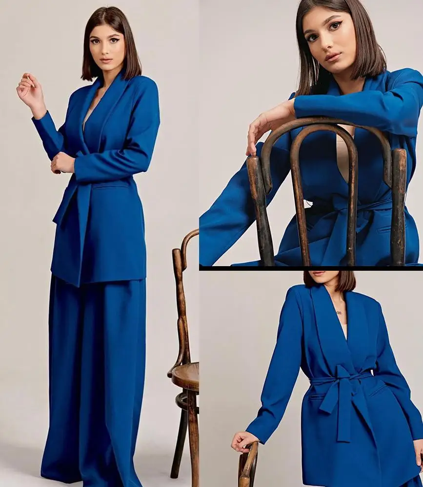 فستان رسمي نسائي فساتين أنيقة بياقة على شكل V وأكمام طويلة معطف وسراويل للإناث 2 قطعة بدلة علوية قصيرة مخصصة