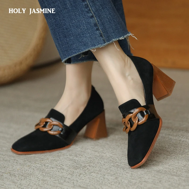 Women Pumps Natural Suede Leather Shoes Plus Size 2023 Spring Thick High Heels Genuine Leather Shallow Ladies Party Luxury Shoes