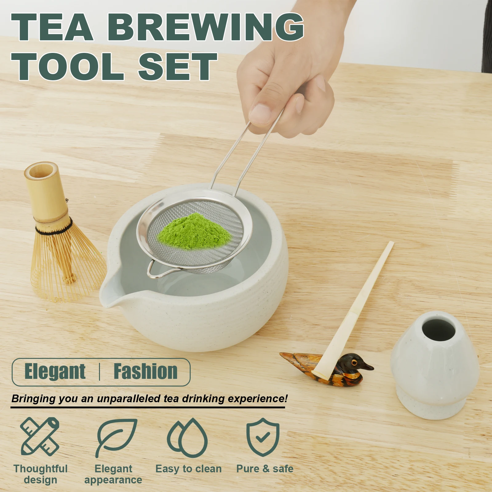 6Pcs Matcha Whisk Set Ceramic Matcha Bowl with Strainer Tea Rattle Stand 530ml Matcha Bowl Thoughtful Spout Design Easy to Wash