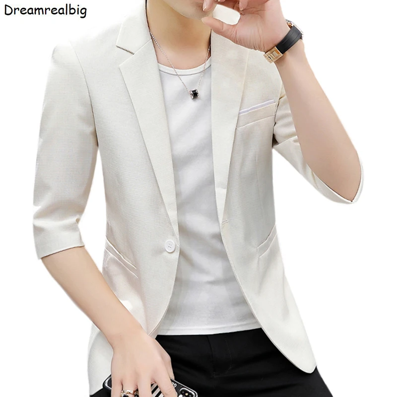 Half Sleeve Men Thin Casual Blazer 2024 Spring Summer Single Button Notched Lapel Mens Suit Jacket Beige / Gray