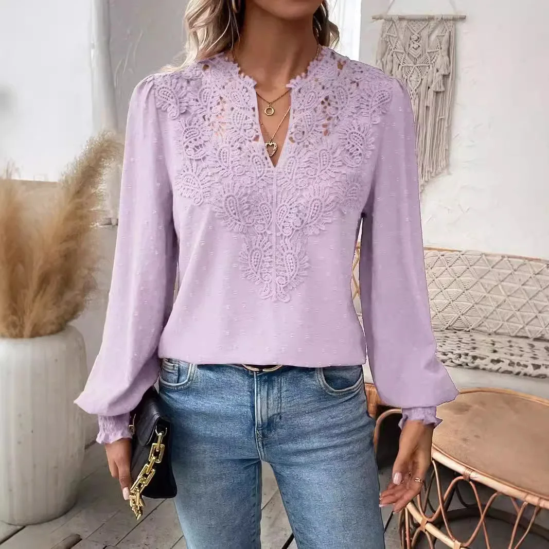 

Sexy Lace Long-sleeved V-neck Solid Color T-shirt Elegant Everyday Street Versatile Spring Casual Women's Office Commuting Top