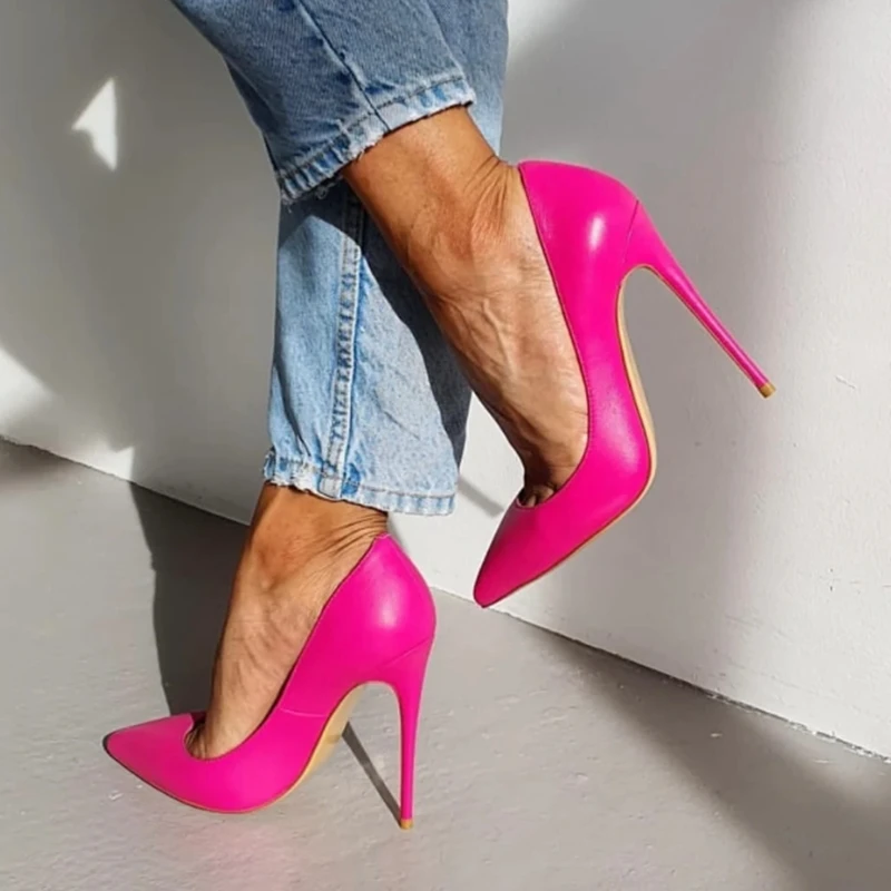 

Pink Matte Leather Slip On Women Pumps Shallow 12cm 10cm 8cm Shallow Female Party Dress Shoes Size 46