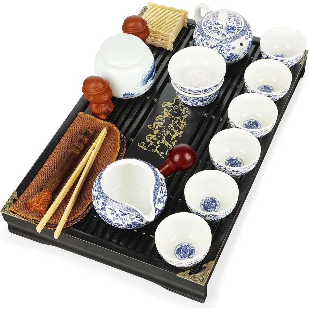 

Kung Fu Tea Set in Blue and White Lotus Pattern Porcelain with Teapot, Cups, Fair Cup, and Tray for Home and Office Use