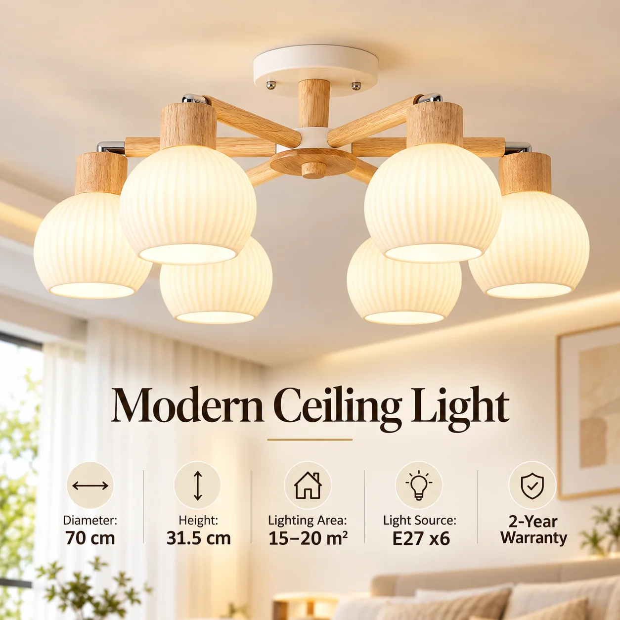 6-Light Wood Ceiling Chandelier, Gold Metal Arm Flush Mount Light, Ribbed Glass Shade Ceiling Lamp for Living Room Dining Room