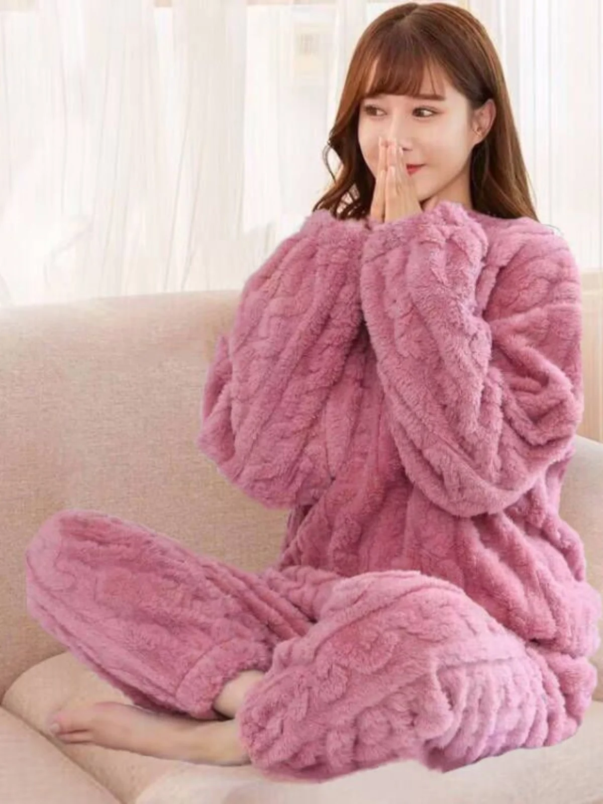 

Теплый комплект пижамы из кораллового флиса для женщин: повседневная домашняя одежда, осенне-зимние утепленные брюки-харланы с высокой талией (длина 7/8)