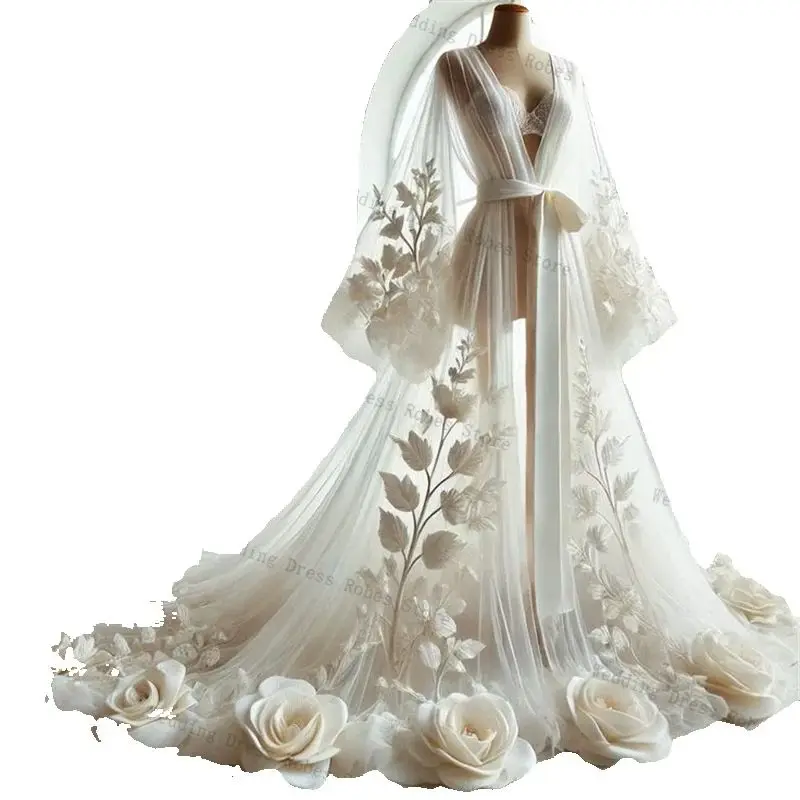 Luxury White Woman Pregnant Prom Dress Belt 3D Flower Sexy V Neck Full Sleeves Maternity Robes Evening Gown Sleepwear Customized