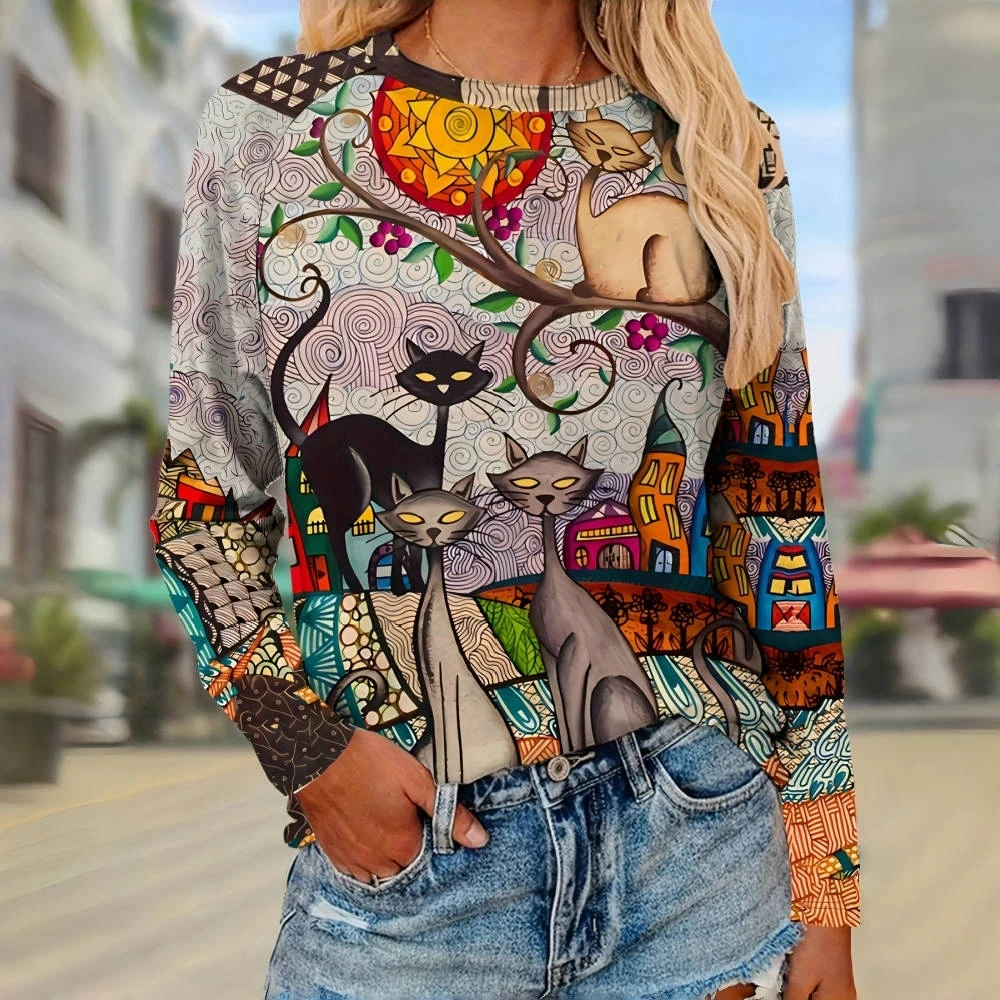 Abstract Cat Pattern Print Fashion O-neck Long Sleeves T shirt Spring/Fall Cotton Women\'s T-shirts Fashion Street Women Clothing