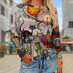 Abstract Cat Pattern Print Fashion O-neck Long Sleeves T shirt Spring/Fall Cotton Women's T-shirts Fashion Street Women Clothing