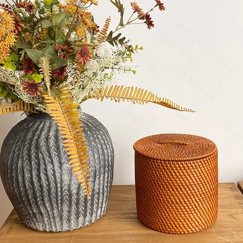 Handmade Rattan Round Storage Basket Bohemian Tabletop Organizer for Snacks Blankets Home Decoration