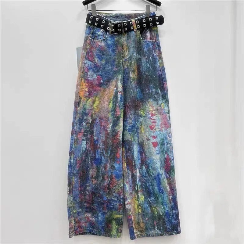 

2025 European and American handmade tie dye design wide leg pants, loose contrasting color splicing printed pants, personalized