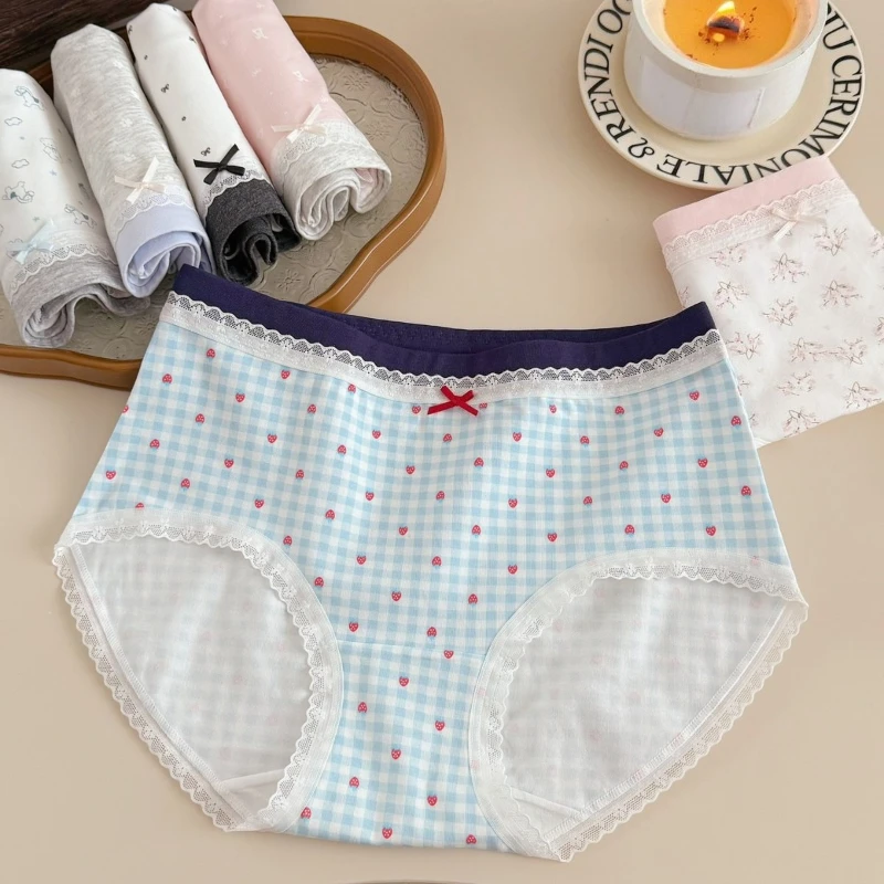 Women's Briefs Bow Sweet Lace Stitching Pure Cotton Underwear Women Mid-Waist 10A Bacteriostatic Crotch Comfortable Hip Briefs