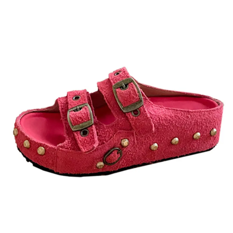Women's Double Buckle Rivet Decor Frayed Suede Platform Slides Slip on Open Toe Summer Casual Outdoor Footwear Drop Shipping
