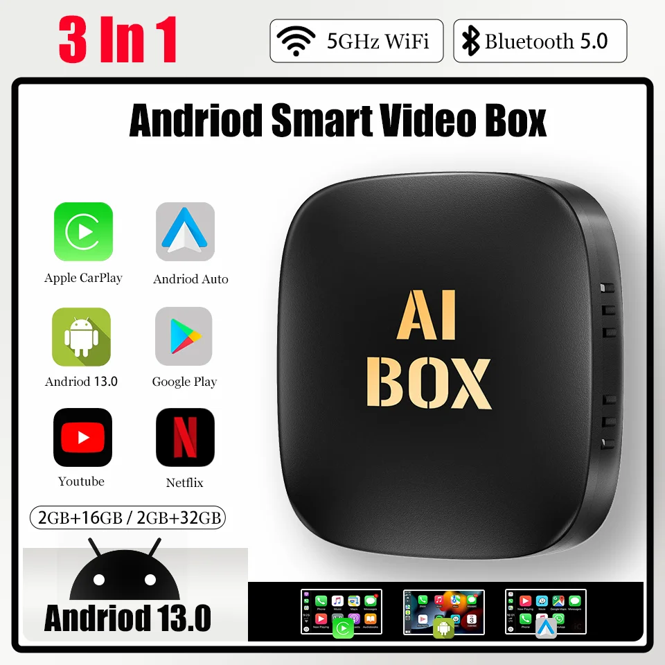 2024 New Android 13 Android Auto CarPlay 3 in 1 Smart TV Box 2+32GB Wifi5GHz Bluetooth 5.0 Built-in Netflix YouTube Google Play