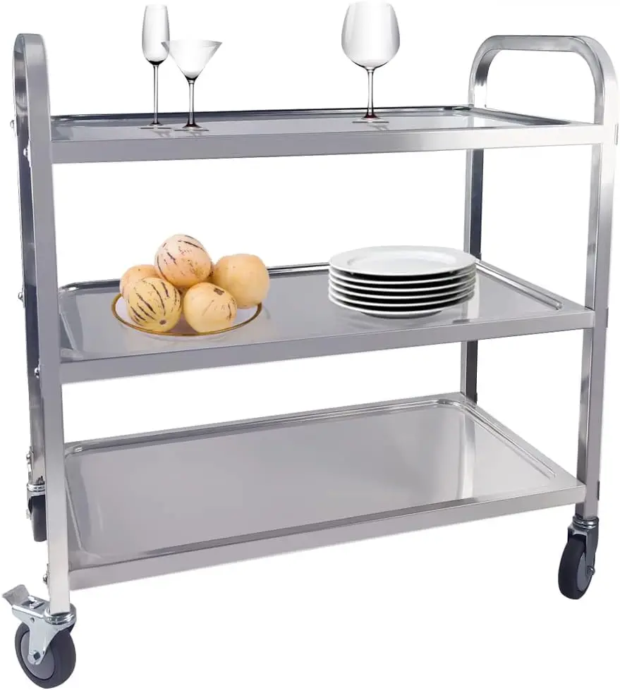 3-Tier Utility Cart with Wheels Kitchen Island Stainless Steel Trolley Serving Cart 300 lbs Capacity Catering Storage Shelf with