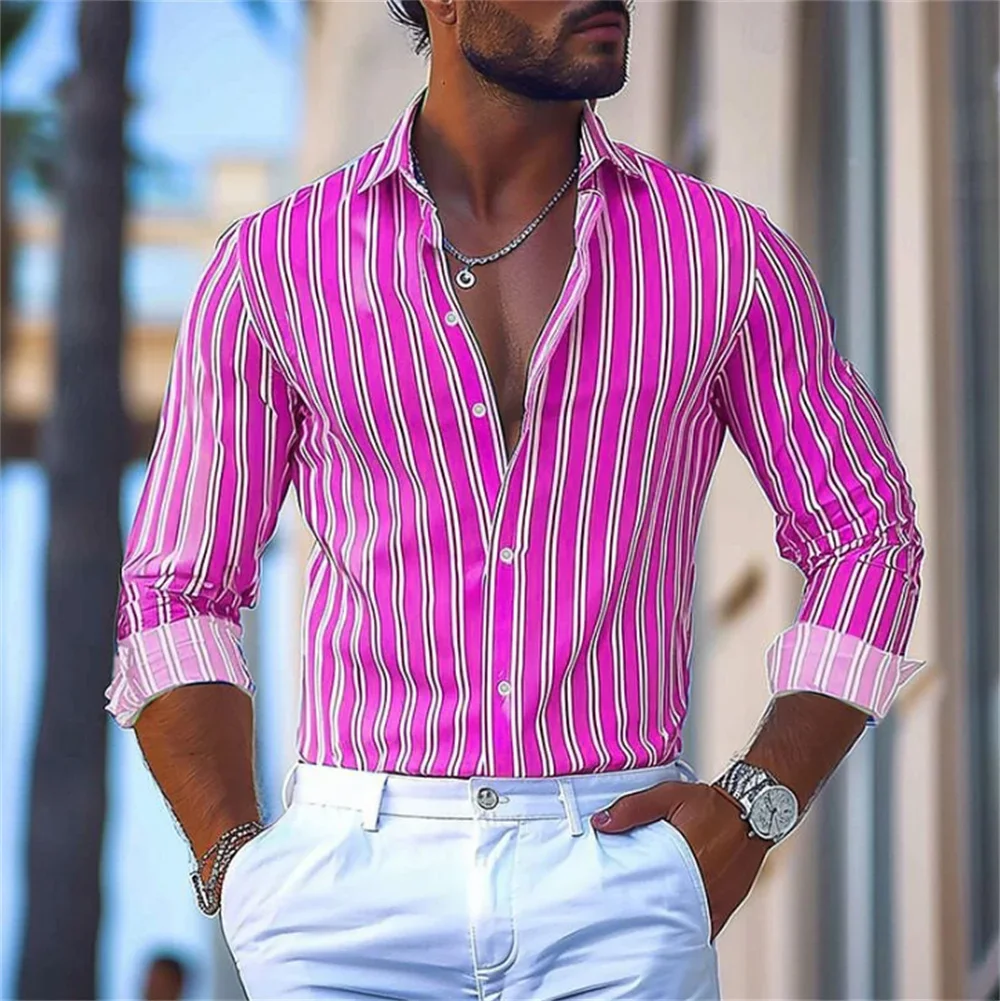 Men's Colorful Stripe Vertical Pattern 3D Printed Shirt Hawaii Beach Vacation Yacht Party Business Simple Casual Top Five