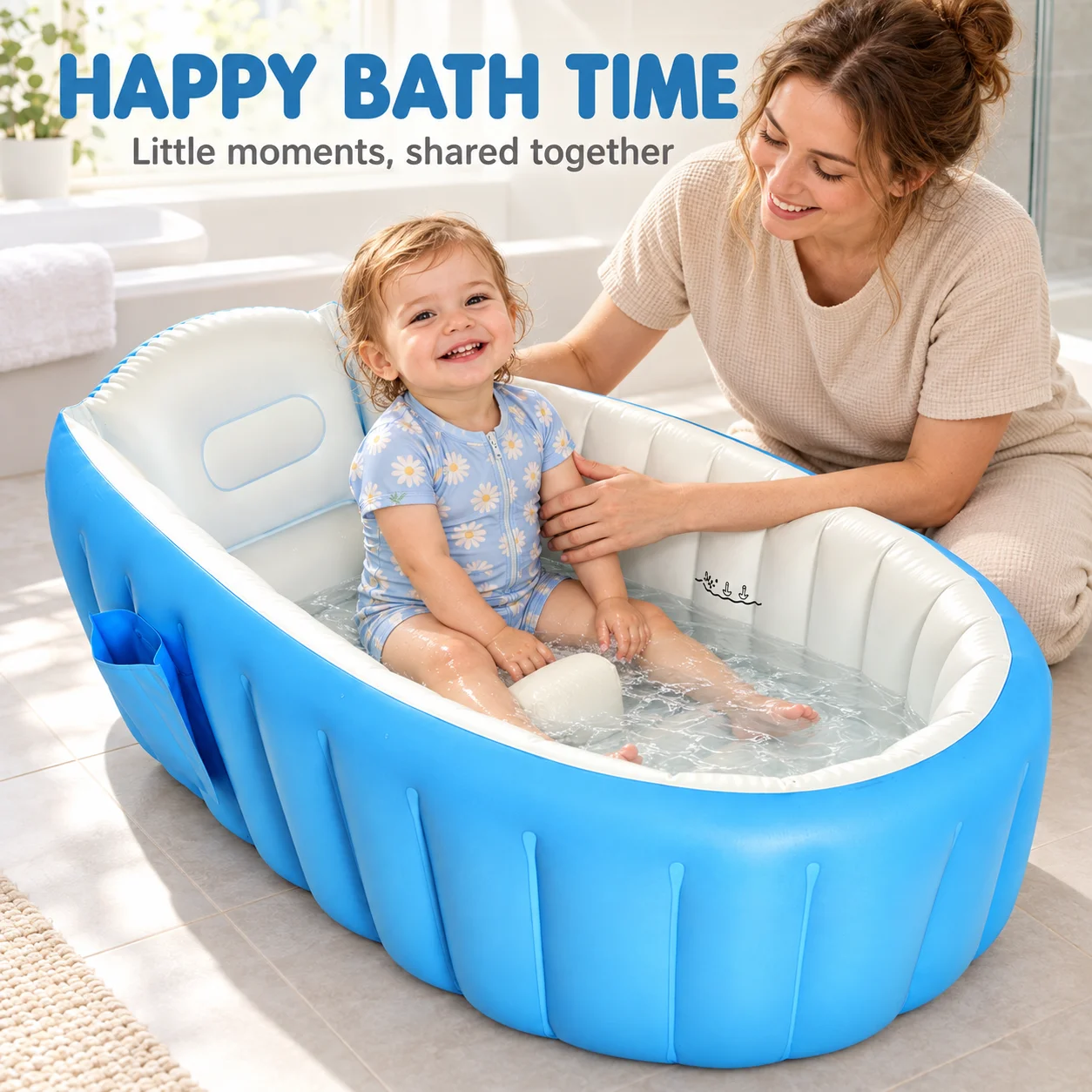 1PC Inflatable Baby Bathtub Portable Foldable Toddler Bath Tub with Raised Backrest Cushioned Base Side Pocket for Home Travel