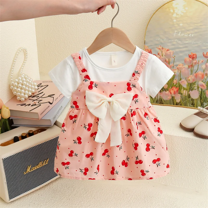 

Summer New White Short Sleeved Fake Two Piece Baby Girl Dress, Casual Vacation Style Cherry Children'S Clothing For 6-24 Months