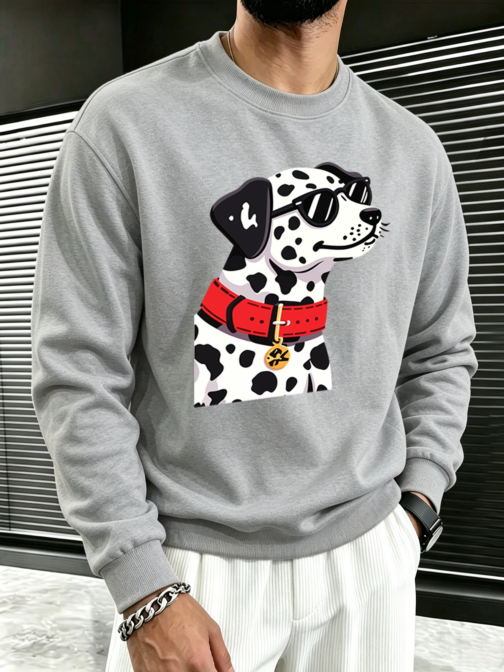 Cartoon Sunglasses Spotted Dog Print Sweatshirt Street Fur-Liner Pullovers Fleece Autumn Men Tracksuit Crewneck Loose Clothes