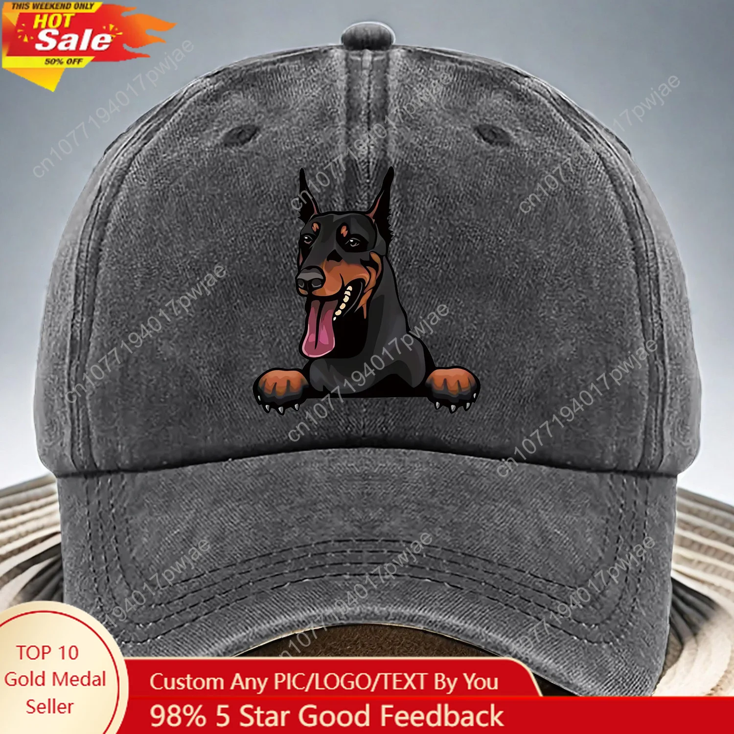 

Adjustable, lightweight, and breathable fabric baseball cap with a playful Doberman print - machineperfect for casual outings.