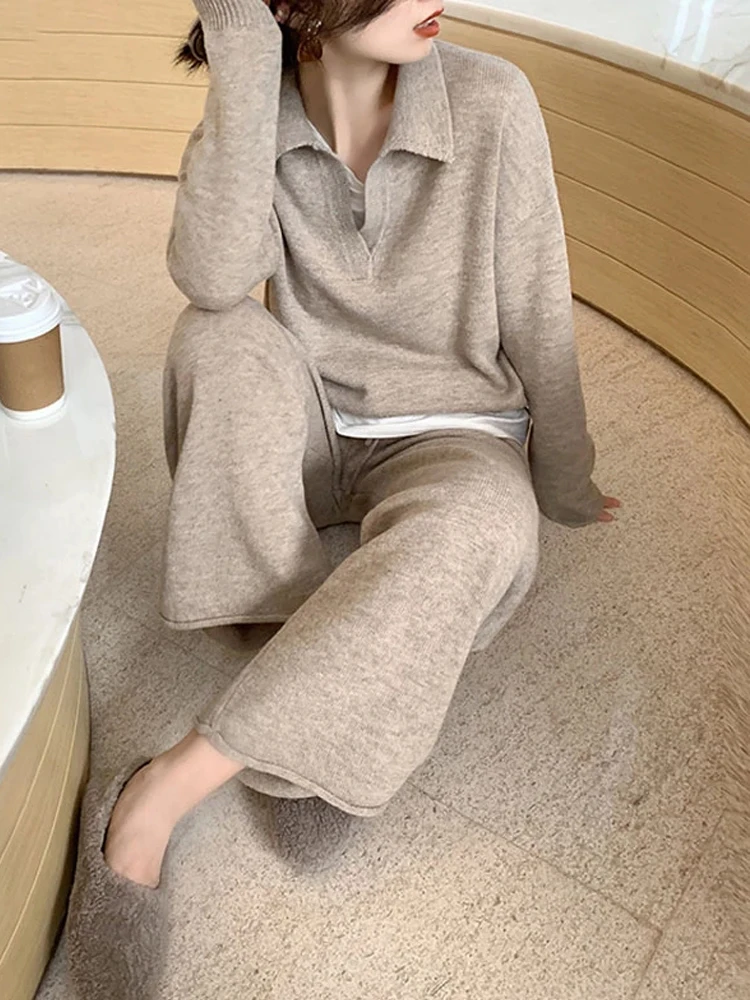 Soft Knitted Sweater Pants Suits Pajamas Women Autumn Winter Casual Ladies Sets 2 Pieces V-Neck Loose Female Sleepwear Tracksuit