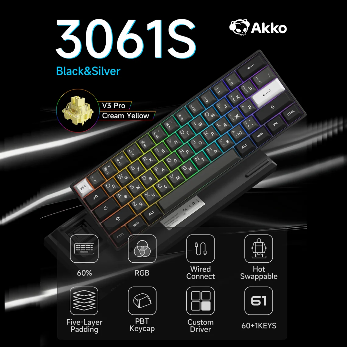 

Akko 3061S Черная и серебристая проводная механическая игровая клавиатура с RGB-подсветкой, русский профиль ASA, колпачки для клавиш с двойным выстрелом из ПБТ