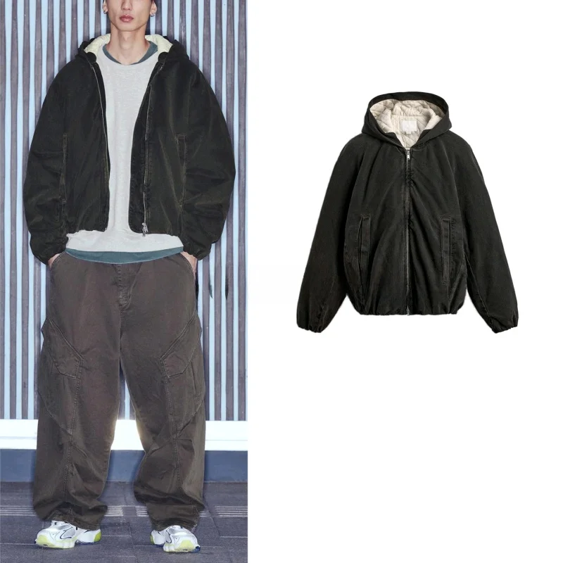 

Winter New Men's Loose Fit Hooded Long Sve Cotton Denim Jaet Coat Warm Casual Sle Zipper Closure Youth Polyester Fiber