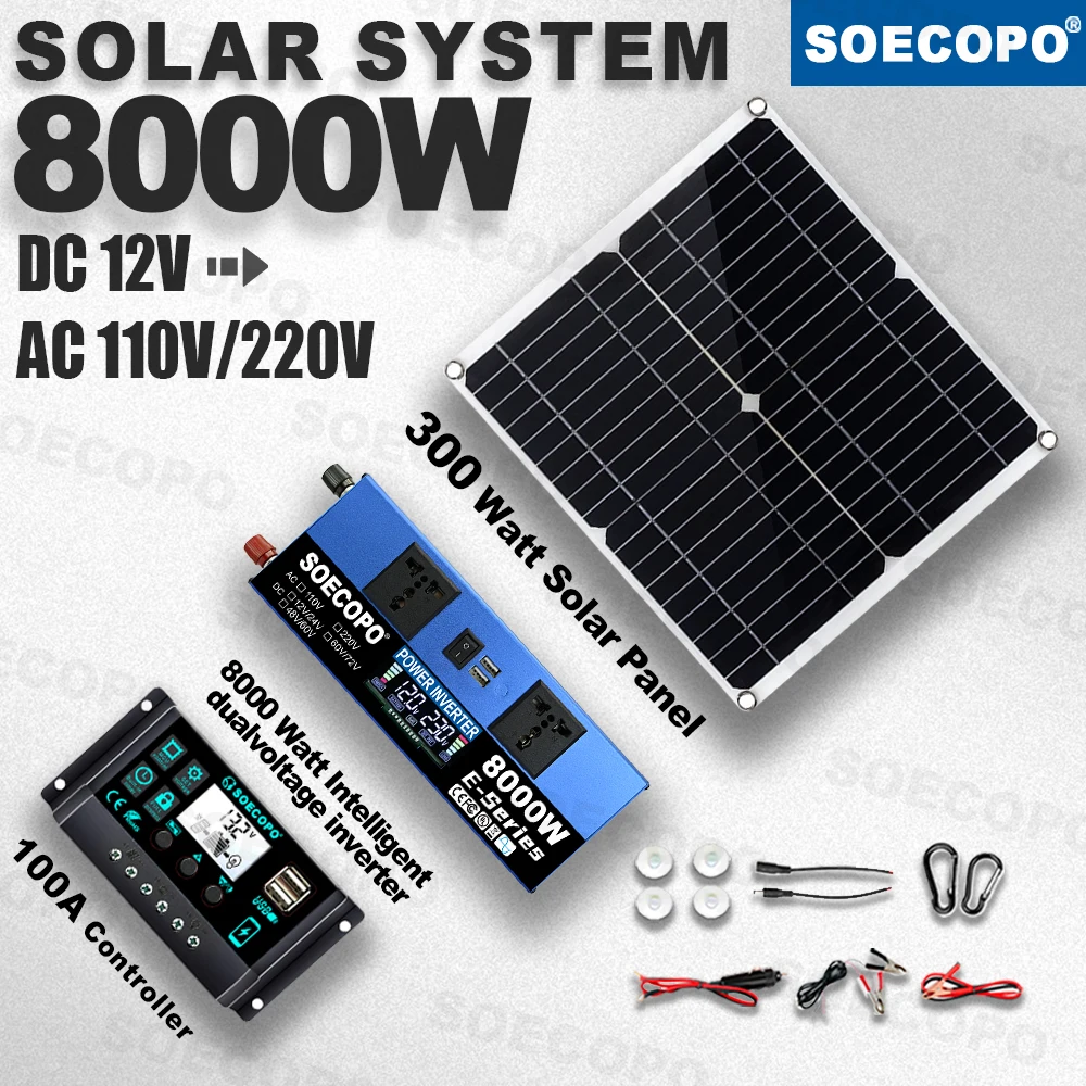 

SOECOPO 8000W Solar System Kit, 12V to 110V/220V Inverter, 300W Panel 100A Controller Off Grid for Home RV Camping photovoltaic