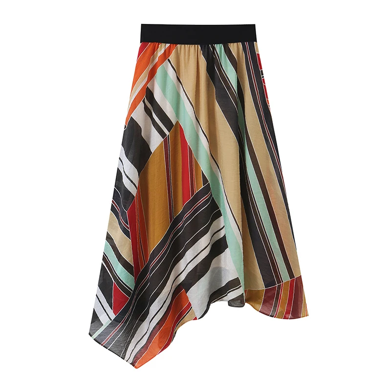 Women Colorful Geometric Stripe Midi Skirt High Waist Asymmetric Hem A‑Line Flowy Casual Boho Skirts Holiday
