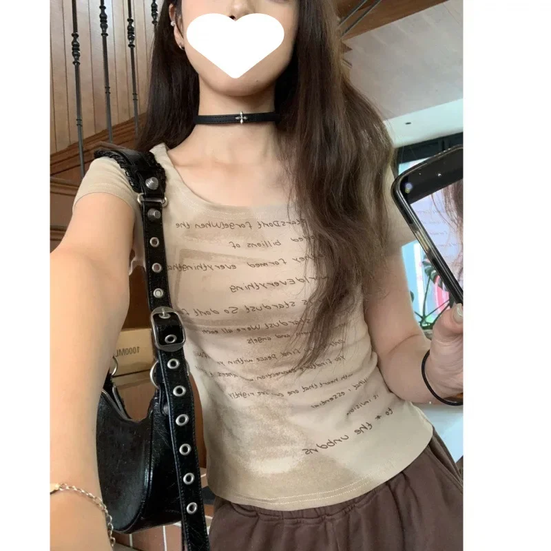 

NICE American Retro Short Sleeve U-Neck T-Shirt 260g Slimming Design Sensation Summer Top Women's Fashion Casual Wear