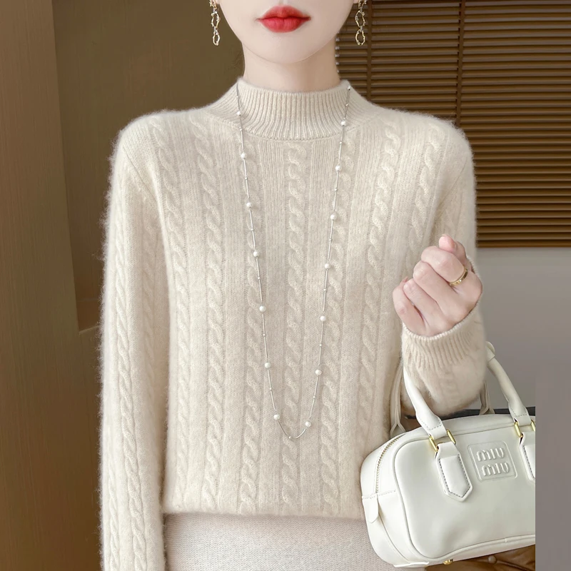 2024 Autumn and Wnter New 100 Pure Woolen Sweater Women's Half Turtleneck Pullover Sweater Base Loose Thick Knit Sweater