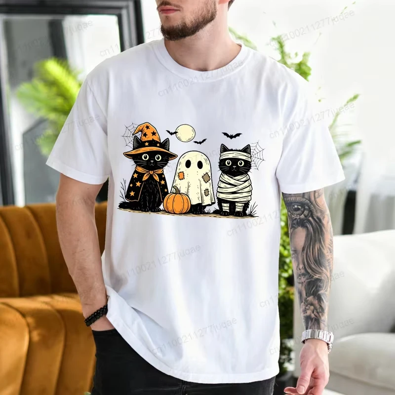 Black Cat Pumpkin Tshirt Ghots Gothic Fall Cat Mama T Shirt Halloween Spooky Season Print Men T-shirt Unisex Short Sleeve Gifts