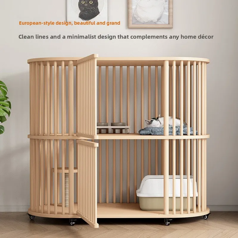 Double-layer Solid Wood Extra-Large Portable Indoor Cat Cage With Rectangular Design For All Seasons
