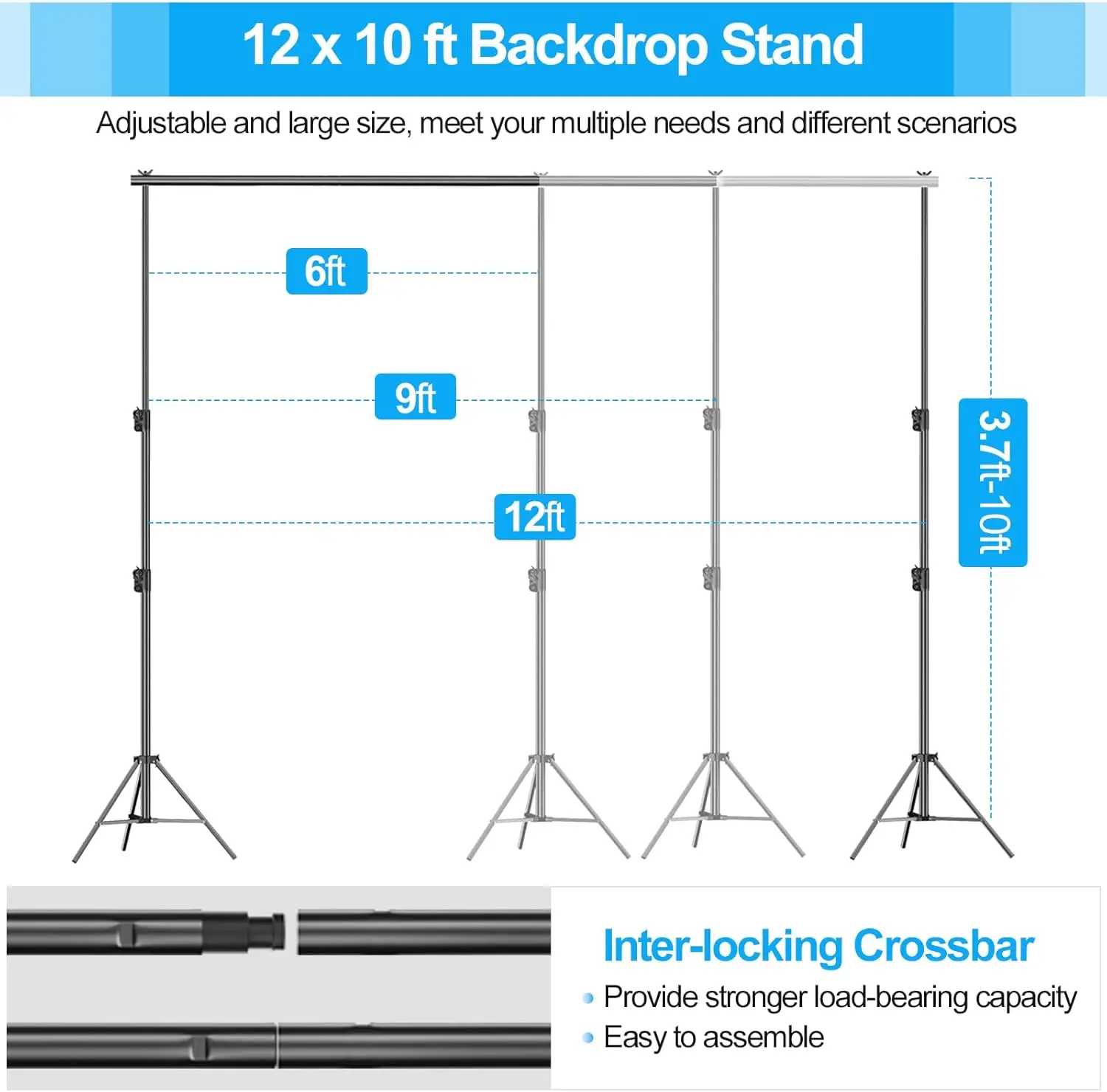 Photo Video Studio Backdrop Stand, 10(H) x 12(W) ft Heavy Duty Adjustable Photography Muslin Background Support System Kit