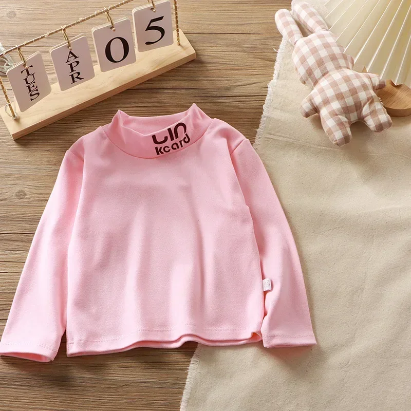 New 2024 Autumn Kids T-Shirts Boys Girls Fashion Turtleneck Long Sleeve Solid T-shirt Tops Children\'s Casual T-shirts Clothing