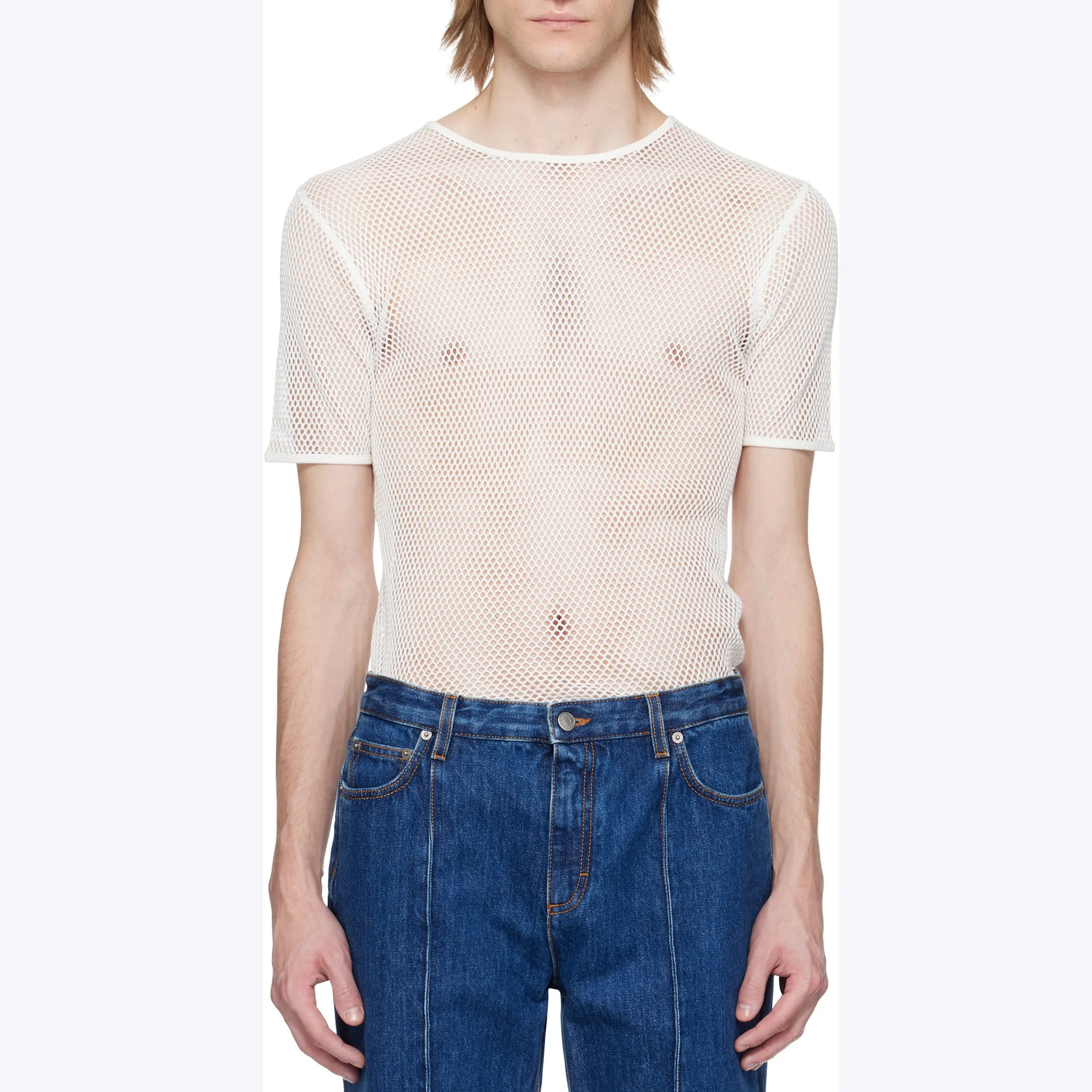 Men's Fishing Net Series Perspective Mesh Top Hollow T-shirt Wearing Short-sleeved Bottoming Shirt Men
