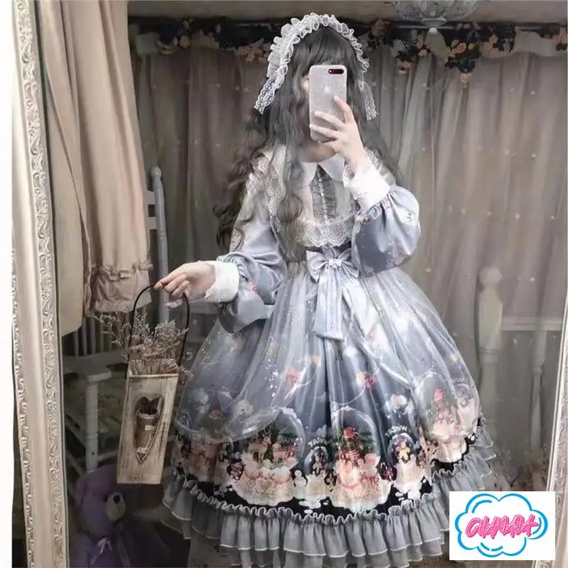 

Sweet Harajuku Lolita Skirt Autumn and Winter Original Daily Lace Ruffle Edge Princess Lolita Full Set Medium and Long Dress